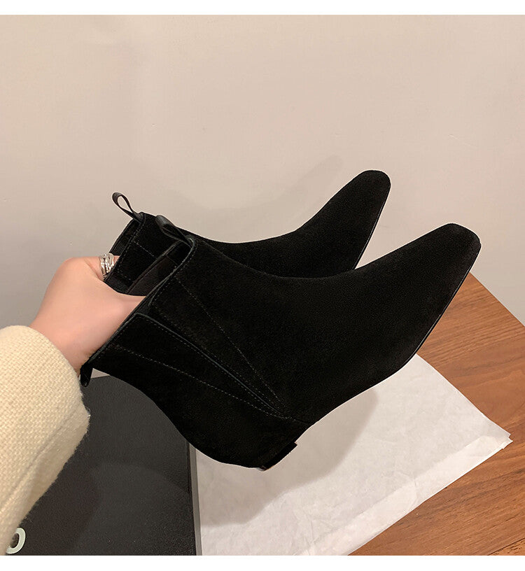 Karin Luna Classic Style Internal Height Increase Cowhide Leather Small Square Toe Short Fashion Boots
