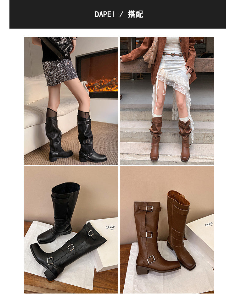 Karin Luna In Stock In Stock European and American Style Square Toe Thick Sole Belt Buckle Long Boots