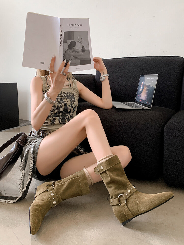 Karin Luna has prepared stock  Hot-Selling Retro Pointed Toe Wedge Metal Buckle High Tube Western Boots