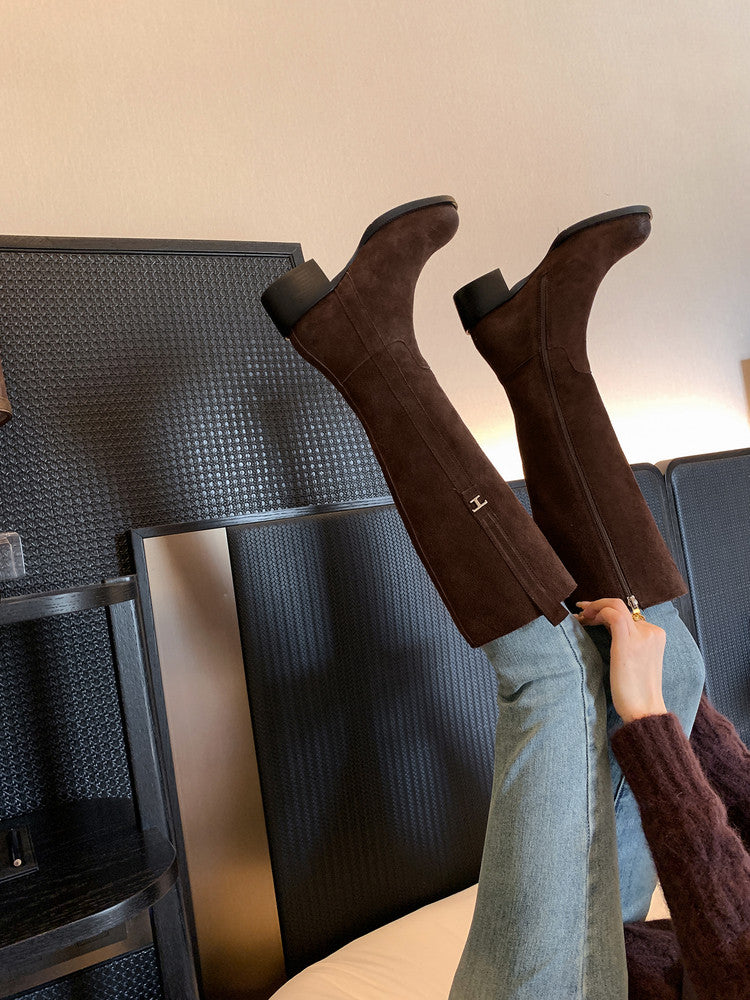 Karin Luna In Stock Spot Goods Basic Retro Square Toe Chunky Heel Riding Boots