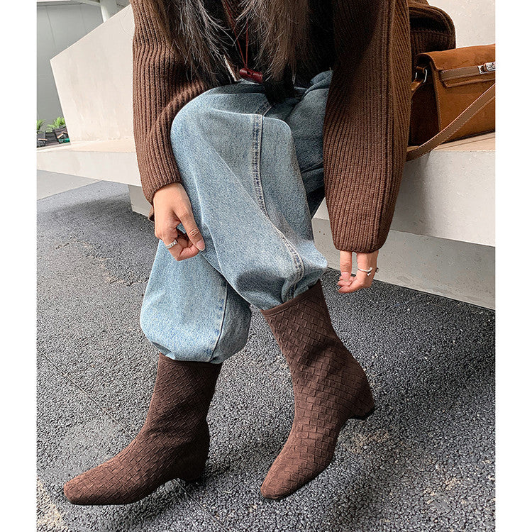 Karin Luna Handmade Woven Fabric Small Square Toe Hidden Heel Short Boots