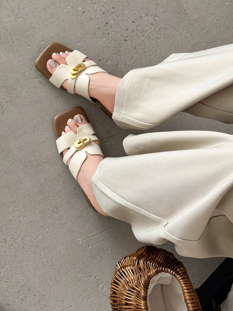 Karin Luna Comfortable Gold Buckle Square Toe Chunky Heel Casual Style Slippers