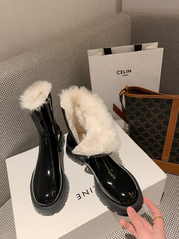 Karin Luna In Stock  Best-selling in stock Thickened Fleece Cow Patent Leather Hot-Selling Flat Short Boots