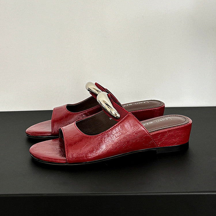 Karin Luna In Stock Spot Goods  Metal Buckle Round Toe Strap Slippers