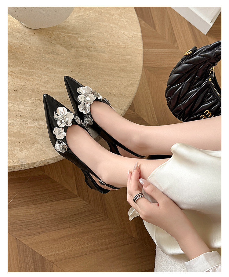 Karin Luna In Stock In Stock  Sequin Floral Pointed Toe Chunky Heel Closed-Toe Sandals