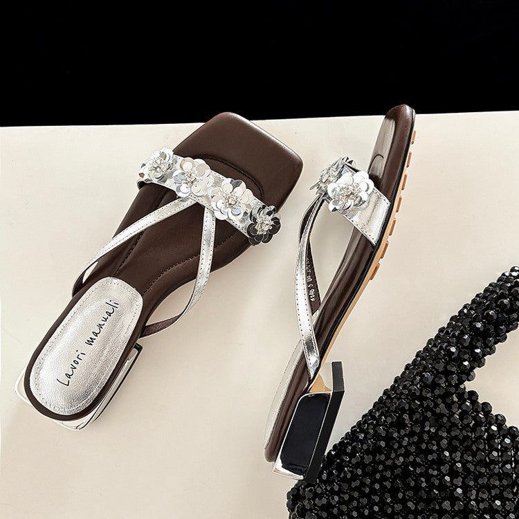 Karin Luna In Stock Spot Goods  One-Strap Sequin Floral Square-Toe Flat Slippers