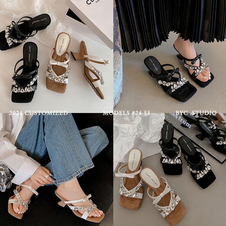 Karin Luna In Stock In Stock  Square Toe Rhinestone Bow Suede Slippers