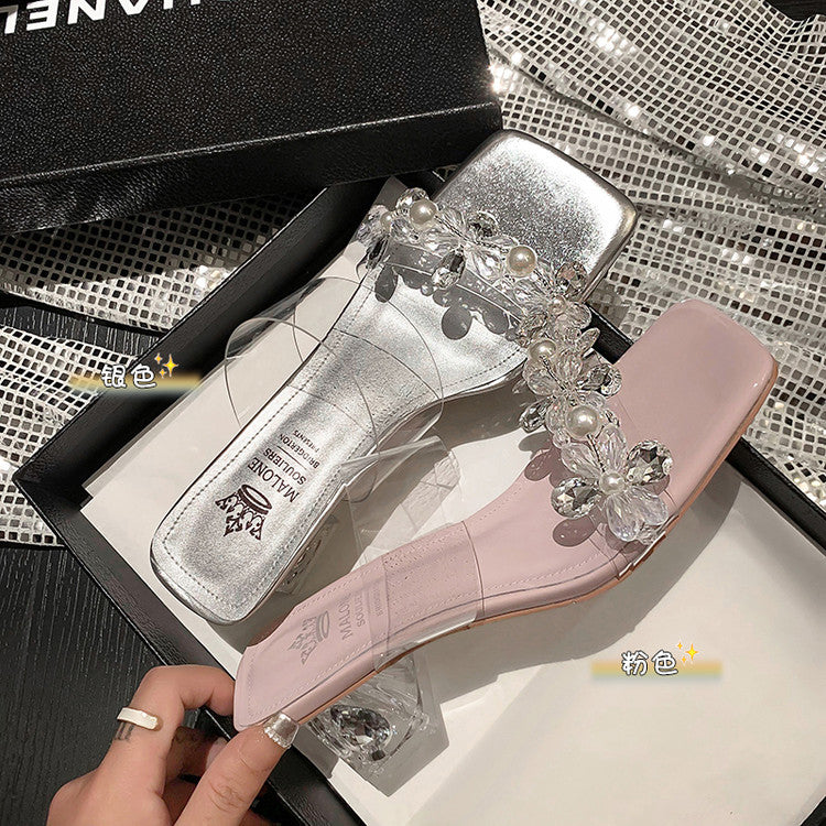 Karin Luna In Stock Spot Goods  Always in stock Square Toe Sweet Rhinestone Crystal Heel Slippers