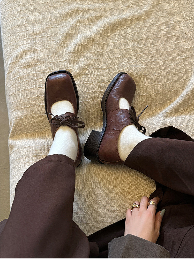 Karin Luna In Stock Spot Goods   Full leather inside and out Vegetable Tanned Hand-Grabbed Sheepskin Square-Toed Chunky Heel Single Shoes
