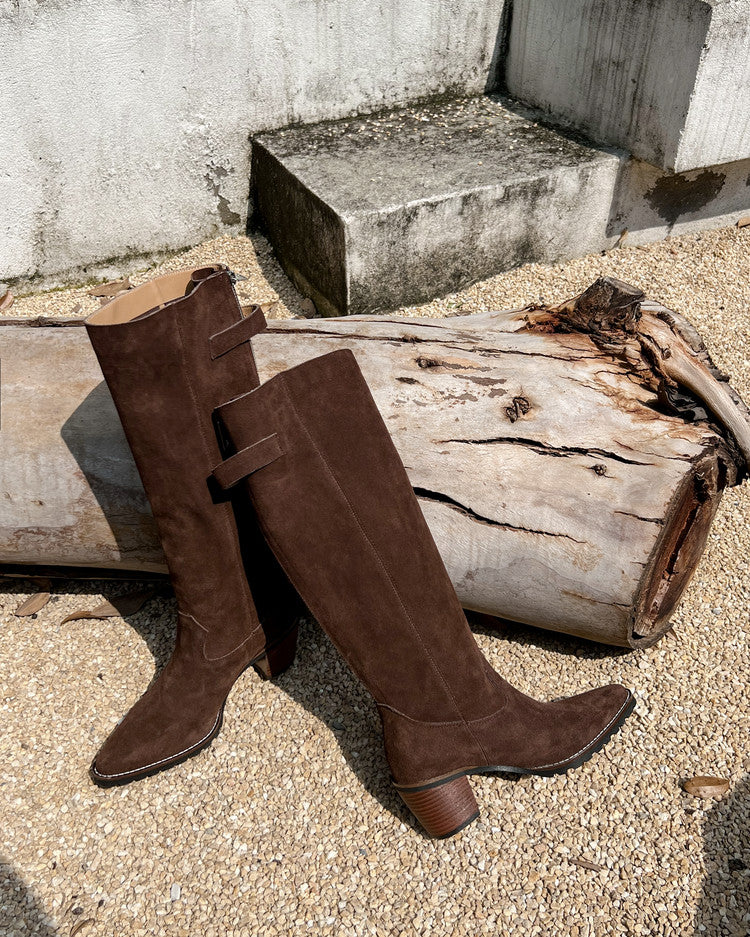 Karin Luna In Stock Spot Goods Retro Cowhide Leather Chunky Heel Suede Long Boots