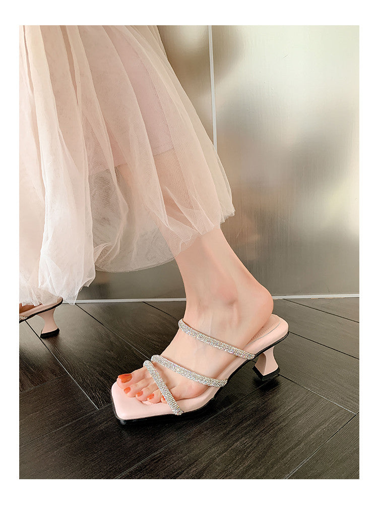 Karin Luna In Stock Spot Goods  Minimalist Versatile Square Toe Rhinestone Strap Open-Toe Sandals