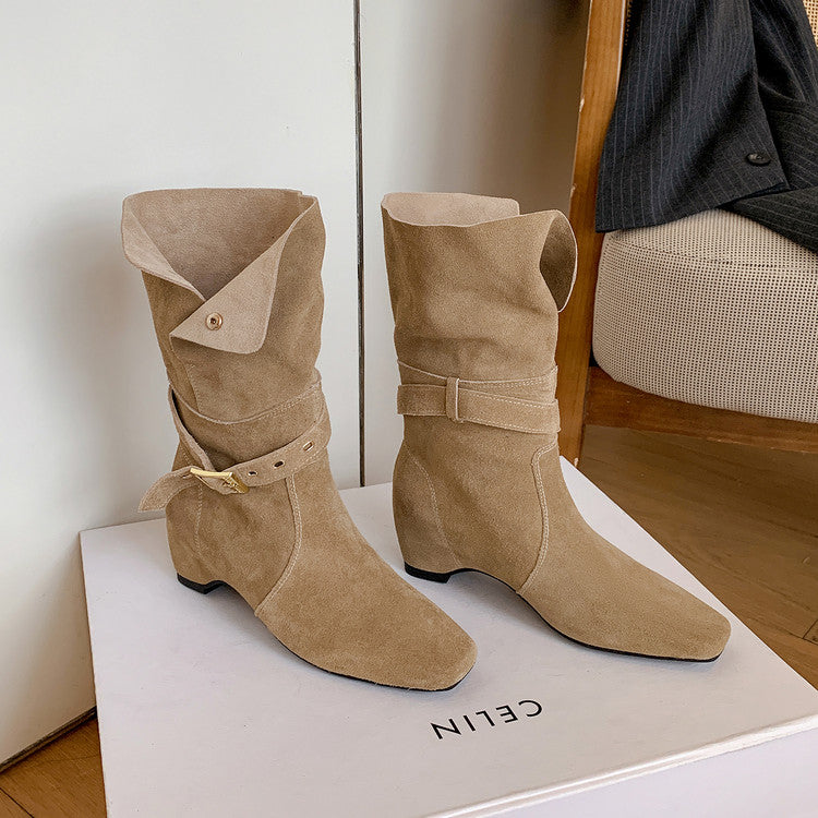 Karin Luna Foldable Belt Buckle Square Toe Hidden Wedge Short Boots