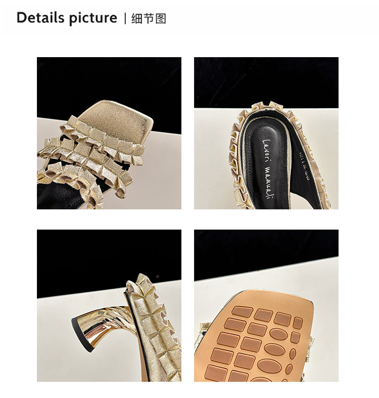 Karin Luna In Stock  Spot Goods  Unique Square-Toe Pleated Lace Sandals