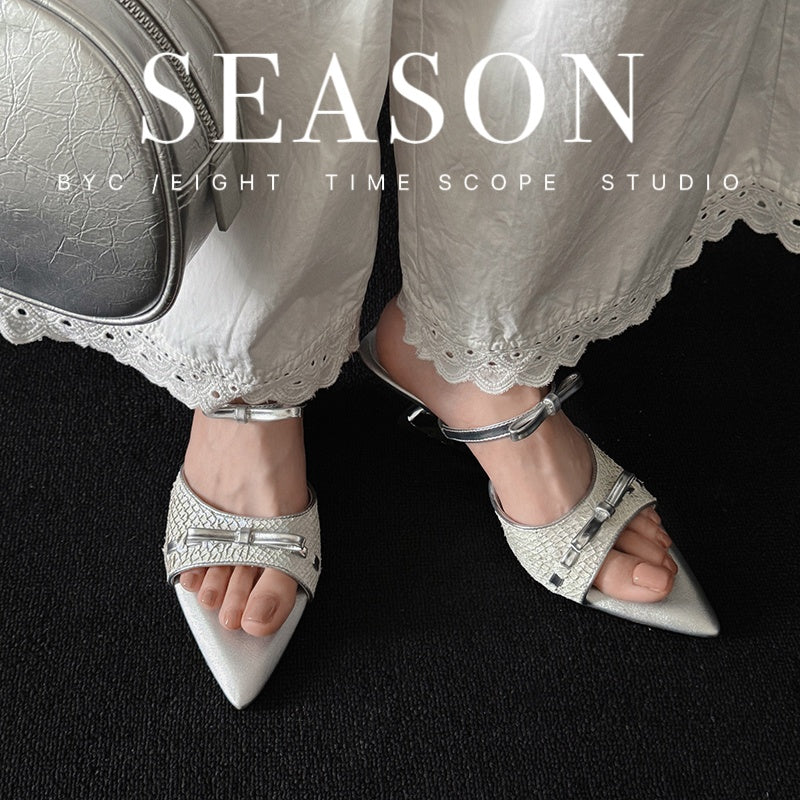 Karin Luna Fish Skin Series~Pointed Toe Irregular Heel Bowknot Strap Slippers