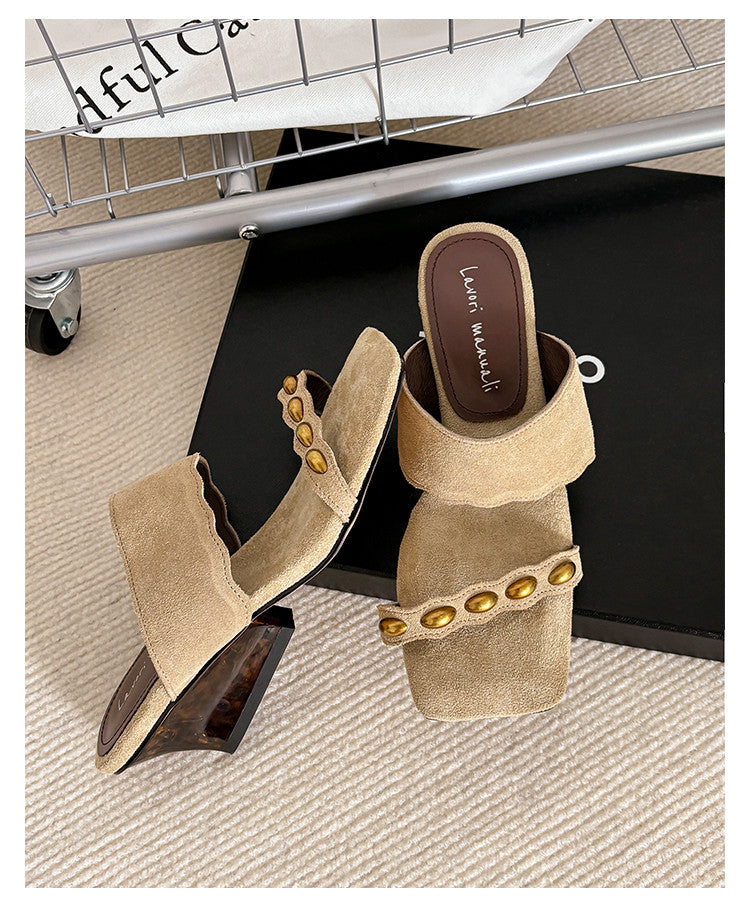 Karin Luna Hot-Selling Element Amber Heel~Spot Goods Spot Goods  Vacation Style One-Strap Amber Irregular Heel Slippers