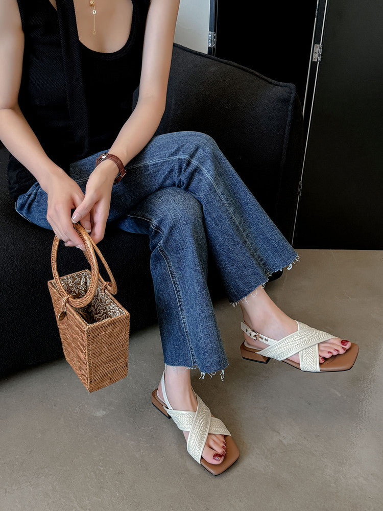 Karin Luna In Stock  Spot Goods Woven Style  Cross-strap Vacation Style Flat Sandals