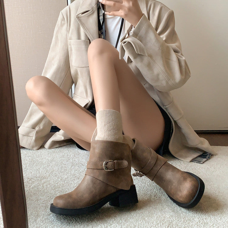 Karin Luna In Stock Spot Goods Versatile Basic Round Toe Belt Buckle Thick Sole Tube Boots