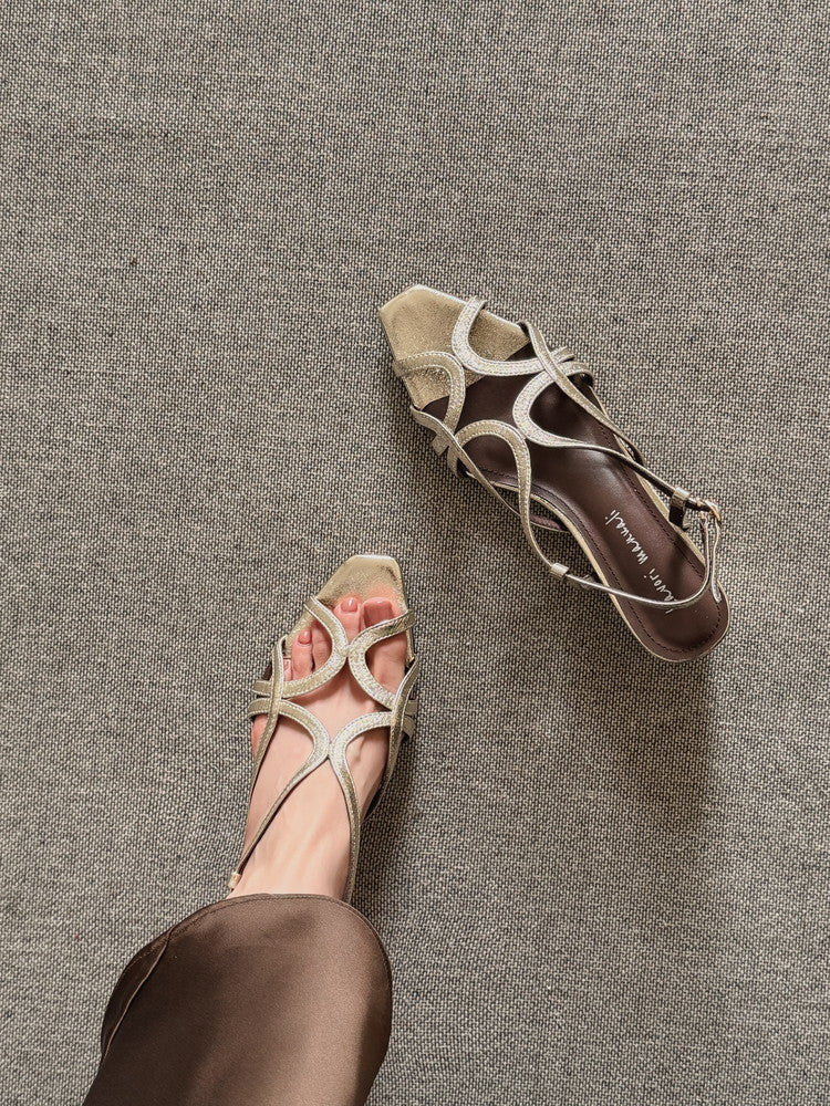 Karin Luna French Hollow Style Small Square Toe Chunky Heel Sandals