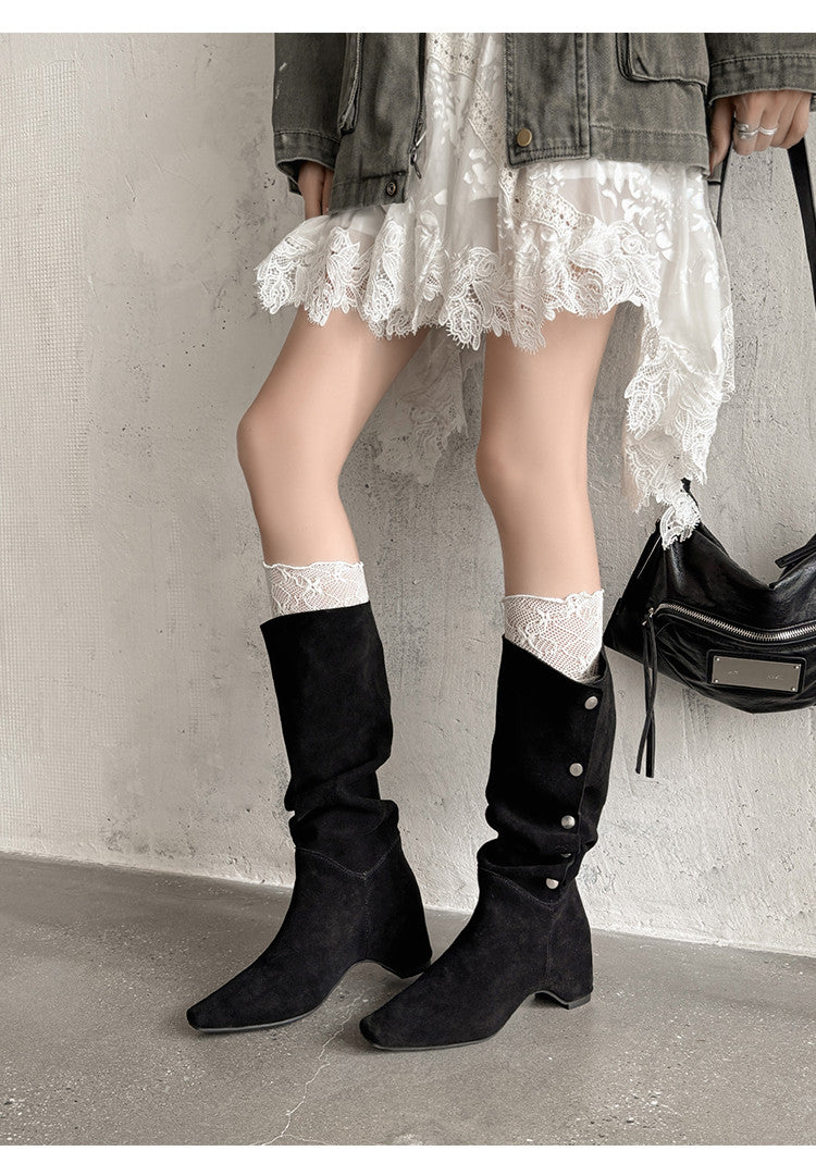 Karin Luna Bestseller Hot-Selling Hidden Buckle Lazy Style Square-Toe Height-Increasing Suede Western Boots
