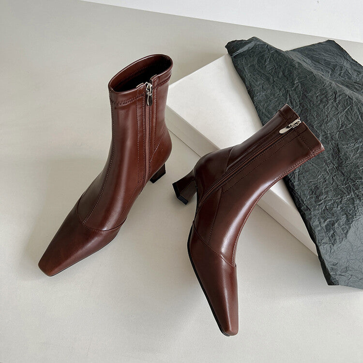 Karin Luna Elegant Small Square Toe Chunky Heel Slim Boots