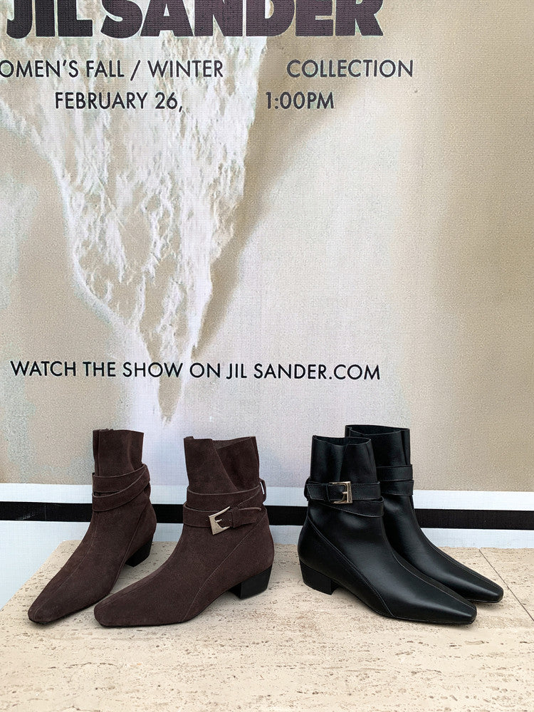 Karin Luna In Stock Spot Goods  Best-selling in stock Data Hot-Selling Small Square-Toe Chunky Heel Cowhide Leather Short Boots