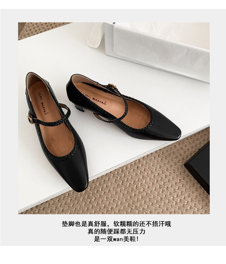 Karin Luna Braided Element Design Chunky Heel Square Toe Single Strap Shoes