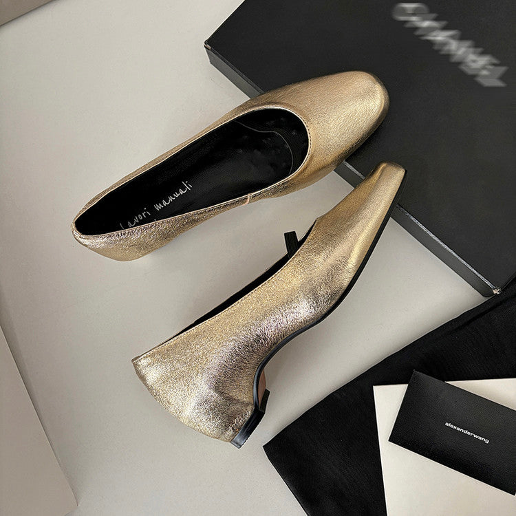 Karin Luna In Stock Spot Goods    Retro Elastic Band Chunky Heel Single Shoes