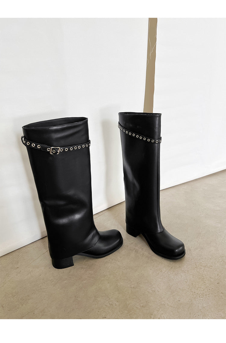Karin Luna In Stock Spot Goods Belt Buckle Color-Washed Casual Thick-Soled Bootcut Pants Boots