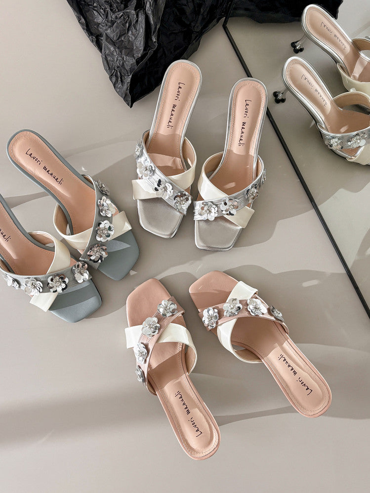 Karin Luna In Stock Spot Goods  Sequin Floral Cross Strap Square Toe Stiletto Slippers