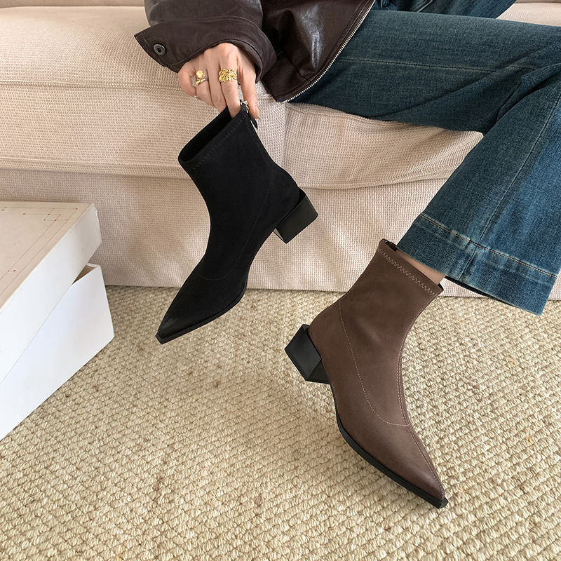 Karin Luna In Stock In Stock Elastic Slim Pointed Toe Chunky Heel Basic Ankle Boots