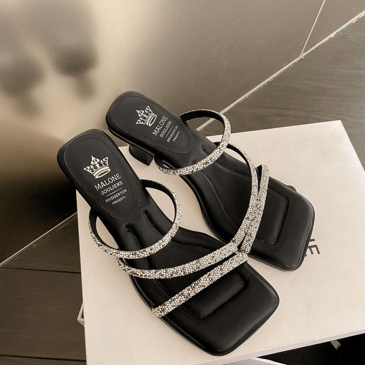 Karin Luna In Stock Spot Goods  Minimalist Versatile Square Toe Rhinestone Strap Open-Toe Sandals