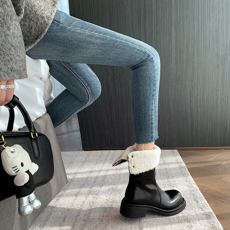 Karin Luna Classic Basic Style   Convertible Foldable Hidden Buckle Snow Fur Shoes Full cowhide Basic Flat Short Boots