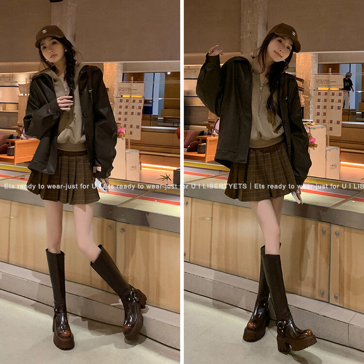 Karin Luna In Stock In Stock Slimming Diagonal Cut Tube Top  Best-selling in stock Retro Metal Buckle Thick-Soled Long Boots