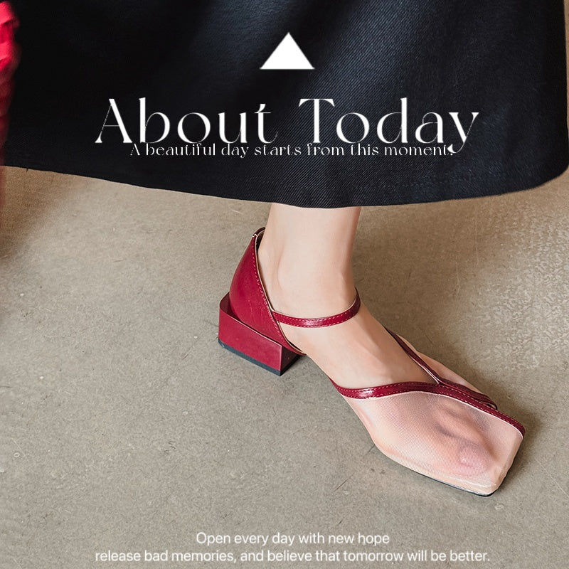 Karin Luna In Stock In Stock  Internet Celebrity Style Square Toe Mesh Chunky Heel Sandals