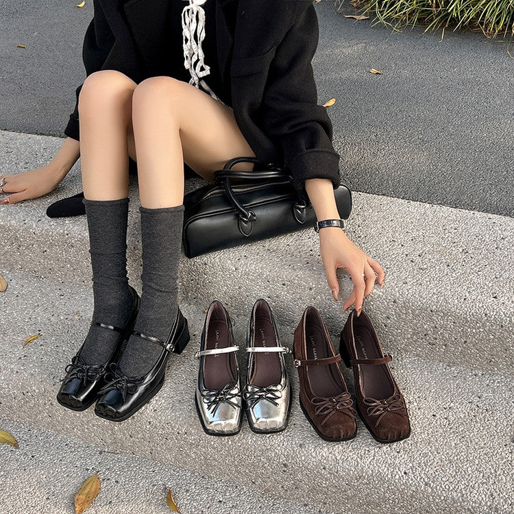 Karin Luna In Stock Spot Goods   One-strap Bowknot Square Toe Chunky Heel Mary Jane Shoes