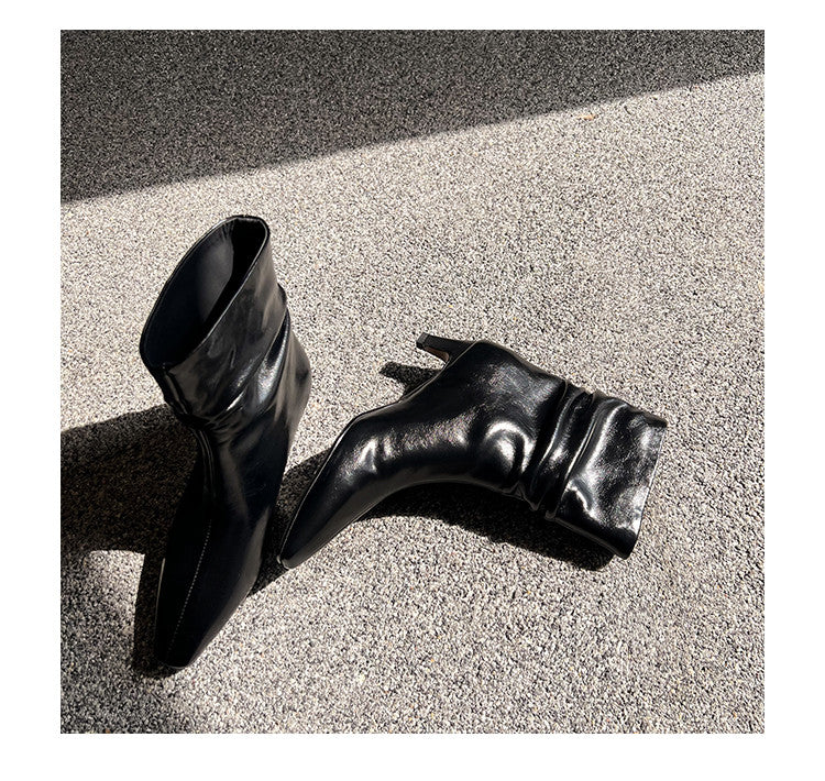Karin Luna In Stock Spot Goods  Retro Wrinkled Small Square Toe Short Boots