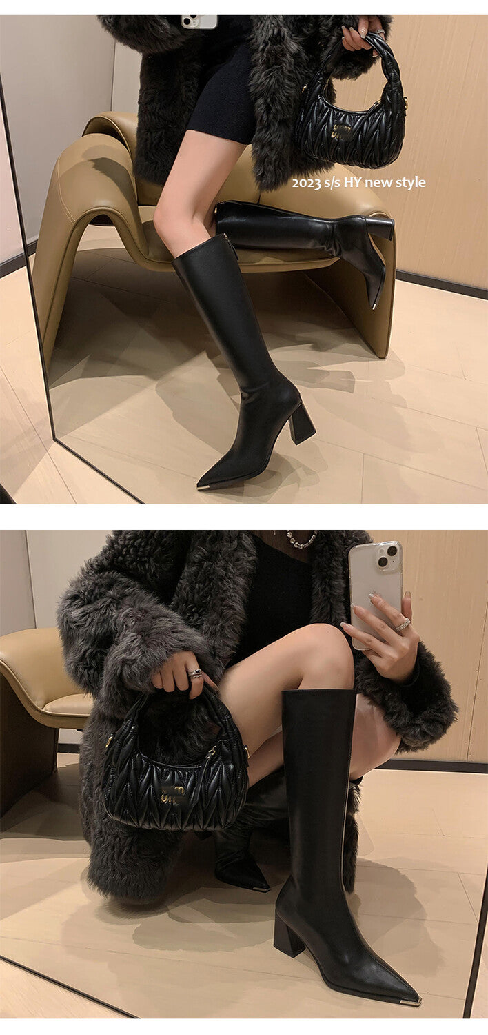 Karin Luna In Stock  In Stock Elegant Metal Pointed Toe Chunky Heel Full Cowhide Leather Riding Boots