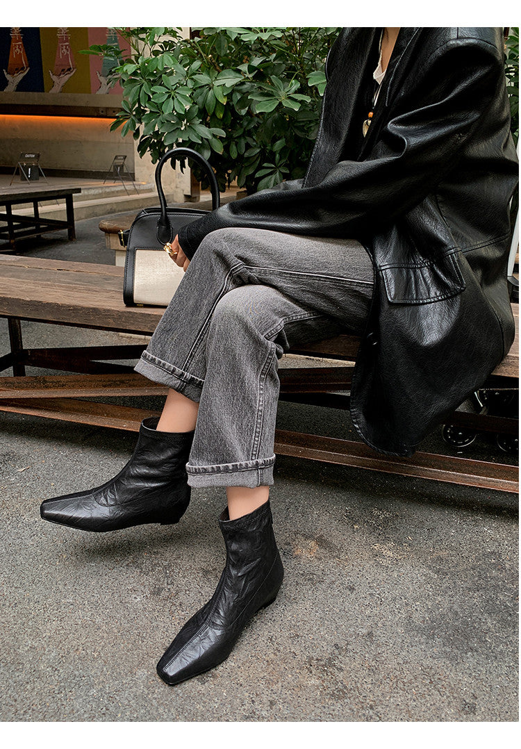Karin Luna In Stock Spot Goods Slim Series  Hidden Wedge Small Square Toe Back Zipper Short Boots