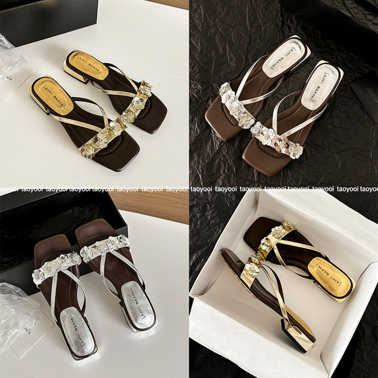 Karin Luna In Stock Spot Goods  One-Strap Sequin Floral Square-Toe Flat Slippers