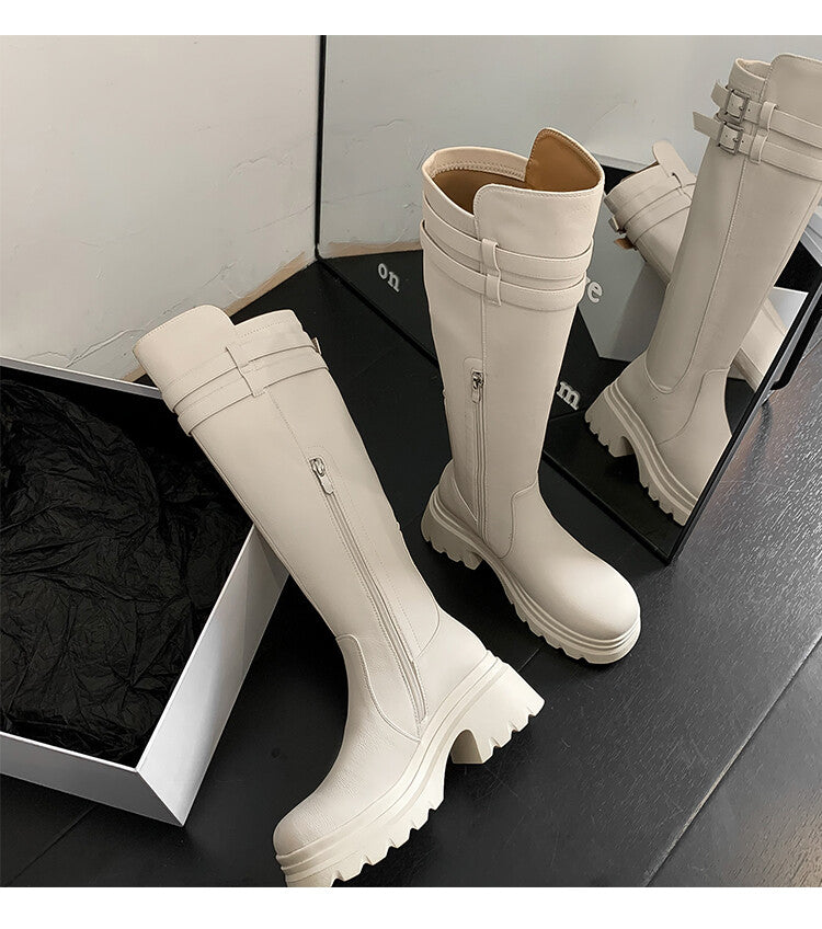 Karin Luna In Stock Best-selling in stock   Super Soft Sheepskin  Round Toe Thick Sole Vintage Belt Buckle Long Boots