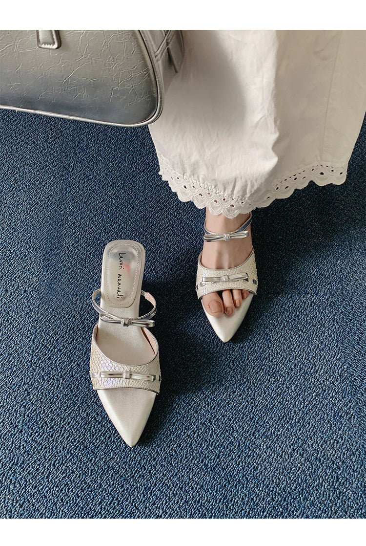 Karin Luna Fish Skin Series~Pointed Toe Irregular Heel Bowknot Strap Slippers