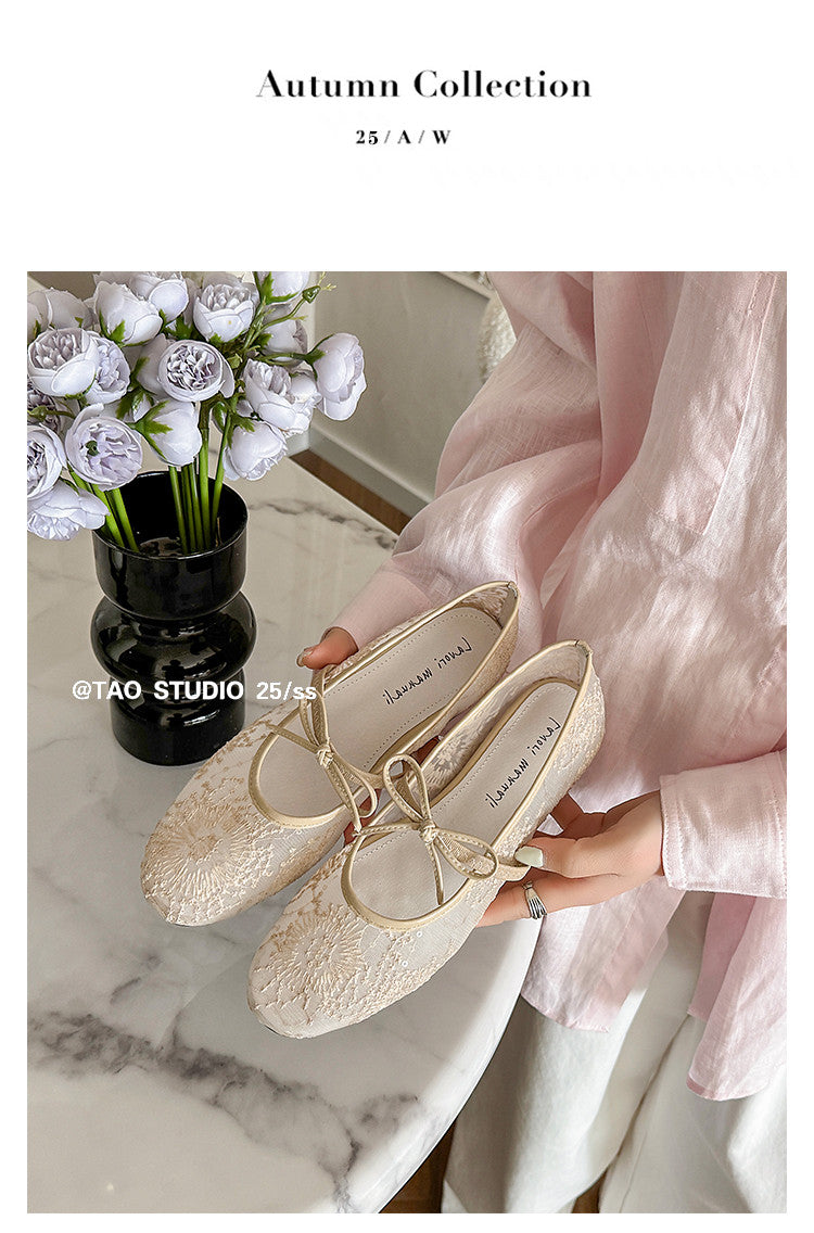 Karin Luna In Stock Spot Goods  Summer Breathable Retro Embroidered Bow Granny Shoes