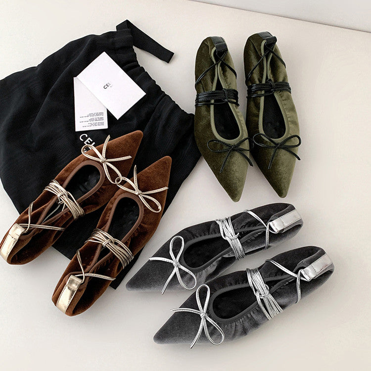 Karin Luna In Stock In Stock Retro Velvet Pointed Toe Bowknot Single Shoes
