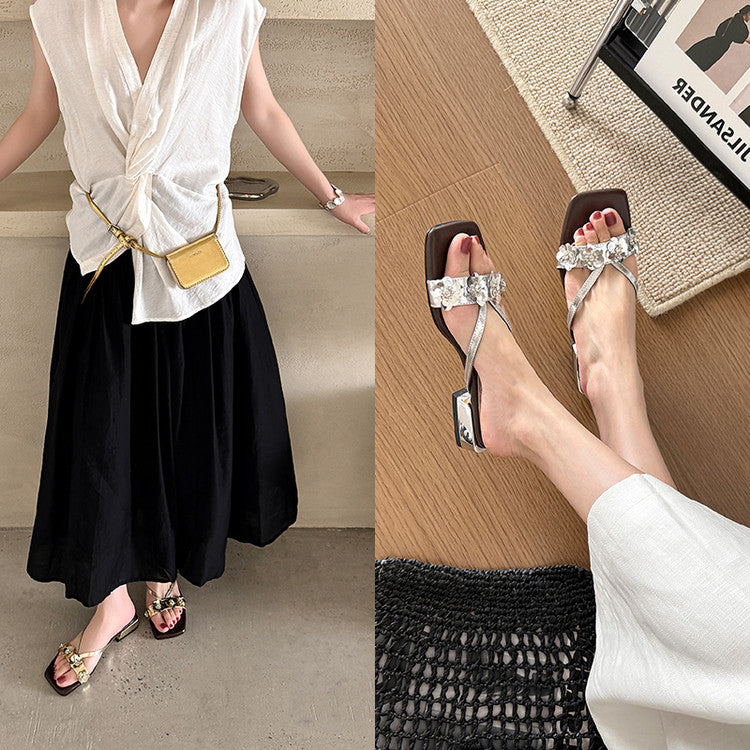 Karin Luna In Stock Spot Goods  One-Strap Sequin Floral Square-Toe Flat Slippers