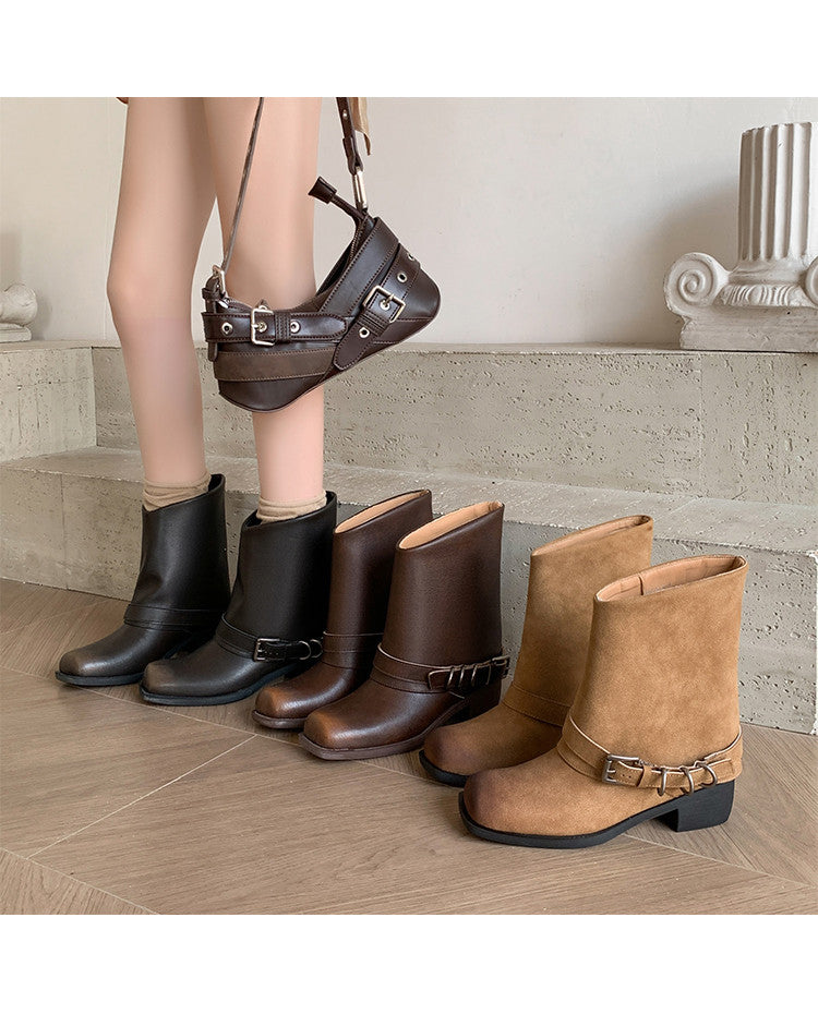 Karin Luna Elegant Style Square Toe Belt Buckle Pants Boot Short Boots