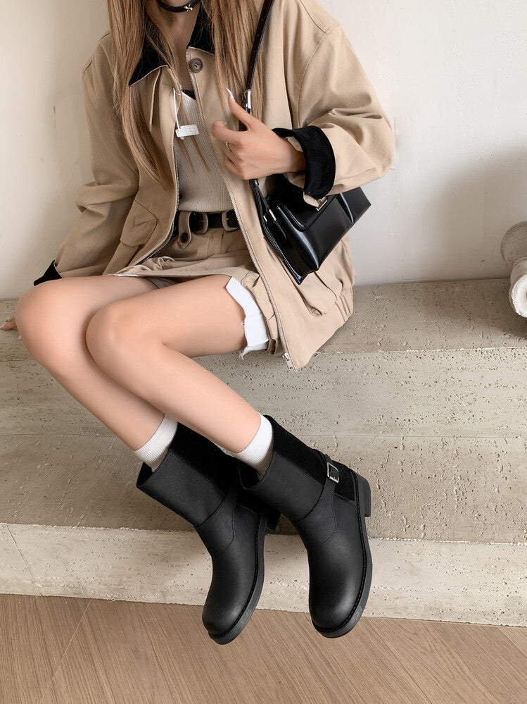 Karin Luna Belt Buckle Chunky Heel Fashion Short Boots