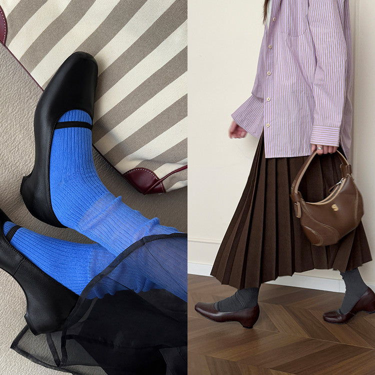Karin Luna In Stock Spot Goods    Retro Elastic Band Chunky Heel Single Shoes
