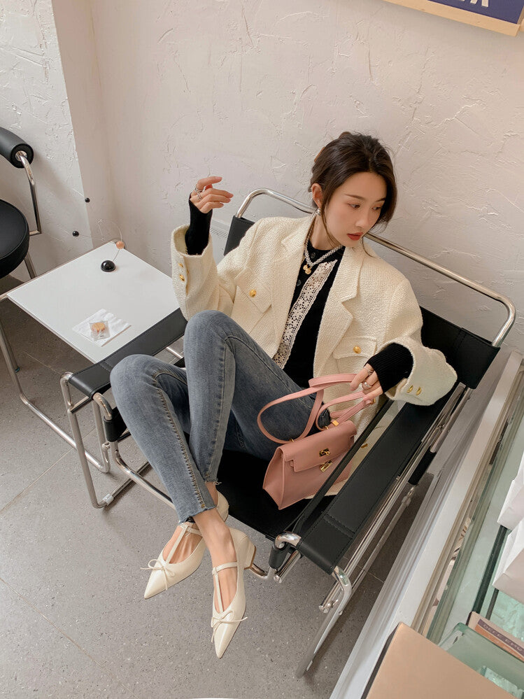 Karin Luna is a perfect Korean drama heroine~French Retro Style Full leather inside and out Pointed Bowknot
