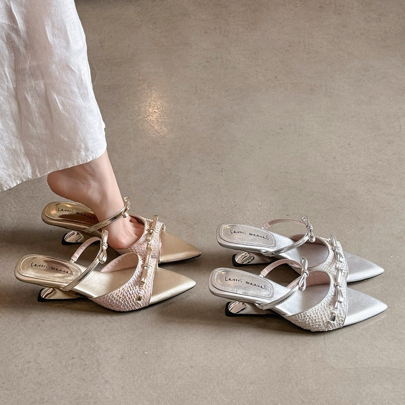 Karin Luna Fish Skin Series~Pointed Toe Irregular Heel Bowknot Strap Slippers