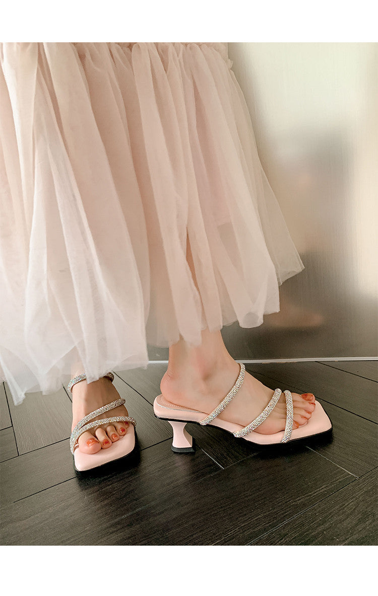 Karin Luna In Stock Spot Goods  Minimalist Versatile Square Toe Rhinestone Strap Open-Toe Sandals